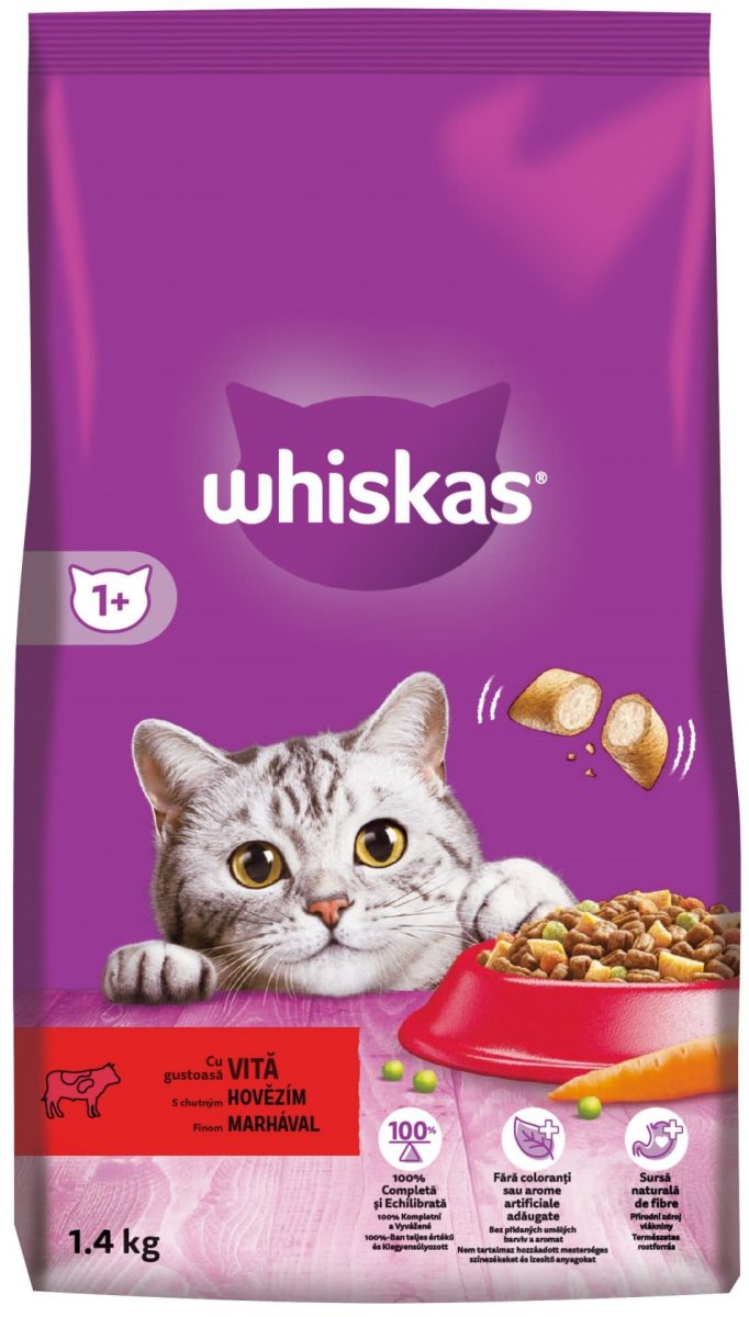 Whiskas Dry s hovězím,karotkou a polšt. s nápní 1,4kg