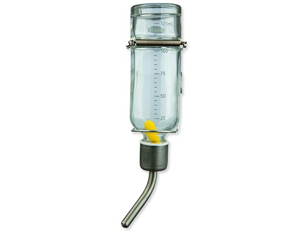 Skleněná napáječka s kovovým pítkem pro činčily a králíky 500 ml