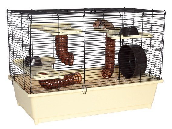 Klec pro křečka s výbavou - tunely a kolotoč 62x46x36mm - krémovo/hnědá