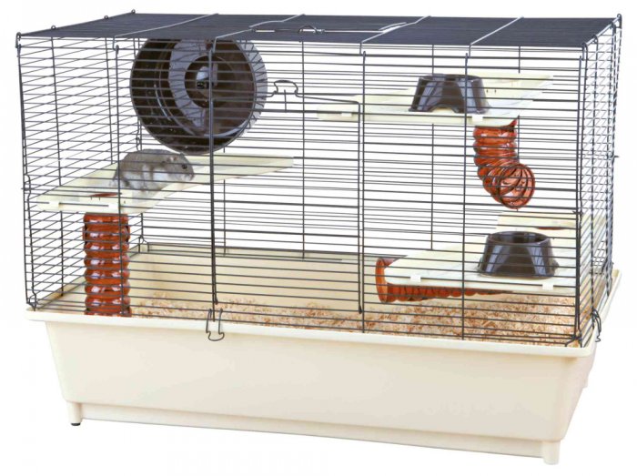Klec pro křečka s výbavou - tunely a kolotoč 62x46x36mm -oranžovo/modro/zelená