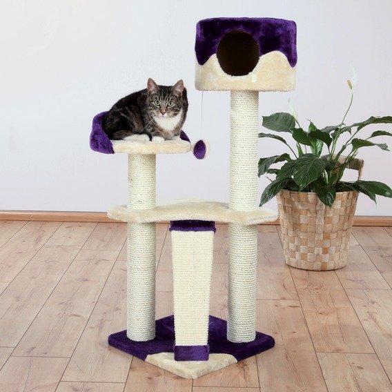 Škrábadlo CARLA 104 cm béžovo/fialové s budkou a odpočívadle