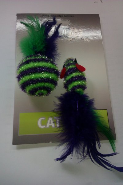 Myš a míček s peřím zeleno-fialová pruhy třpyt