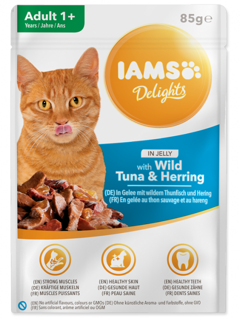 Kapsička IAMS Cat delights tuna & herring in jelly 85g