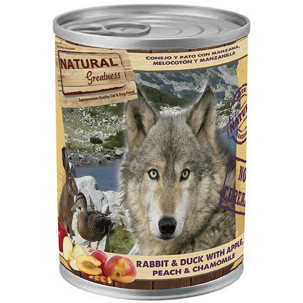 Natural Greatness králík, kachna, jablka, broskve, konzerva pro psy 400 g