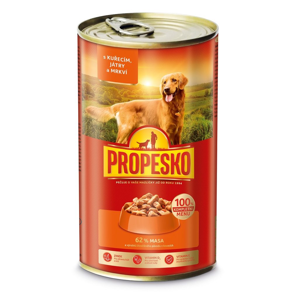 PROPESKO Dog kuřecí, játra a mrkev v omáčce, kousky 1240 g
