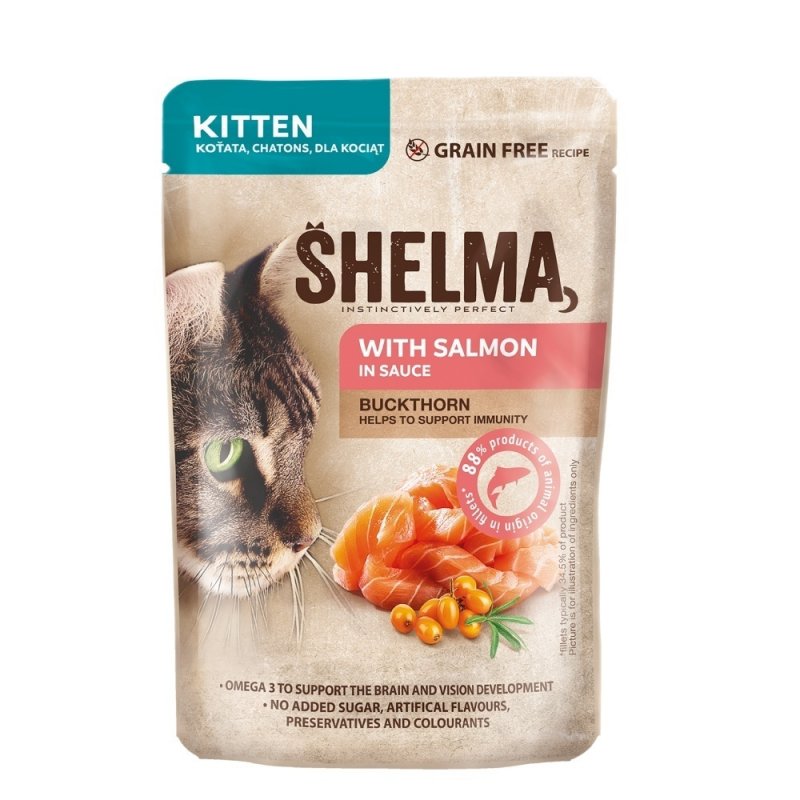 SHELMA Cat Kitten losos a rakytník v omáčce, kapsa 85 g