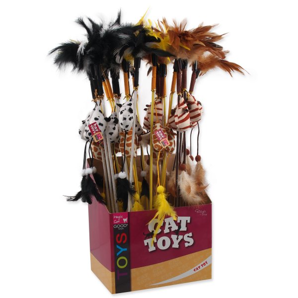 Hračka MAGIC CAT šidítko myška s pírky bavlna s catnipem 7 cm + 45 cm 24ks