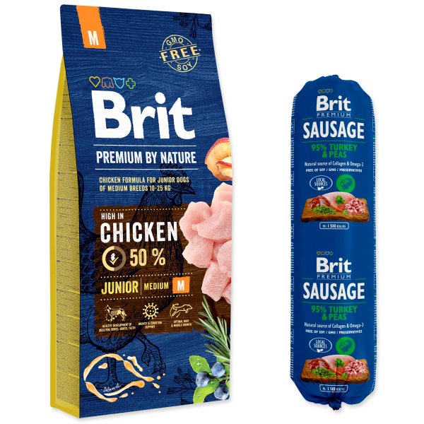 Brit Premium by Nature Junior M + Brit Sausage Turkey & Peas 800 g ZDARMA 15kg