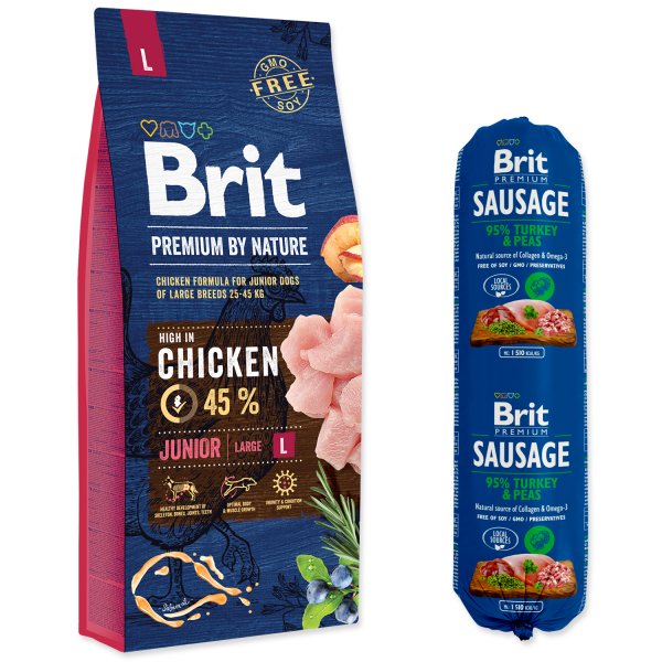 Brit Premium by Nature Junior L + Brit Sausage Turkey & Peas 800 g ZDARMA 15kg