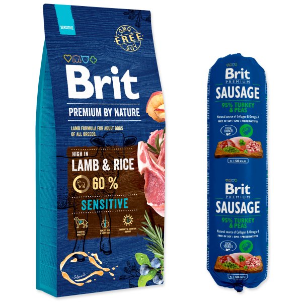 Brit Premium by Nature Sensitive Lamb + Brit Sausage Turkey & Peas 800 g ZDARMA 15kg