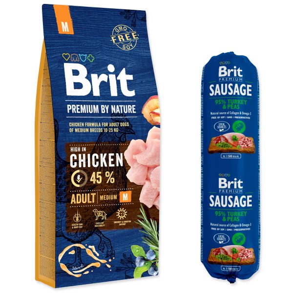 Brit Premium by Nature Adult M + Brit Sausage Turkey & Peas 800 g ZDARMA 15kg