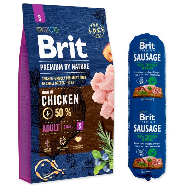 Brit Premium by Nature Adult S 8kg + Brit Sausage Turkey & Peas 800 g ZDARMA