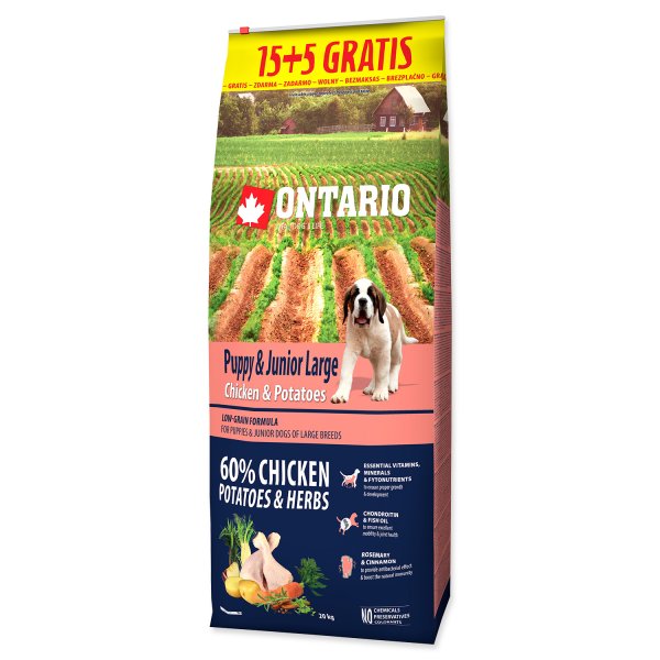 Ontario Puppy & Junior Large Chicken & Potatoes 15+5 kg  20kg