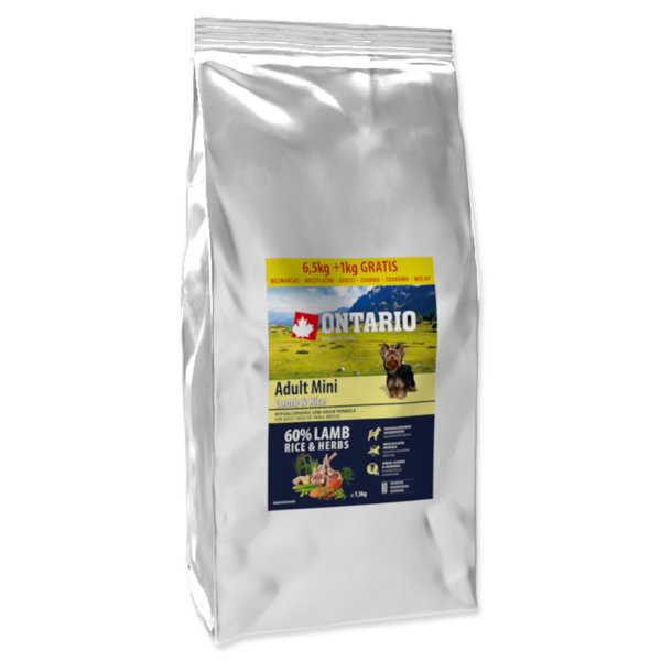 ONTARIO Dog Adult Mini Lamb & Rice 6,5 + 1 kg EXTRA 7,5kg