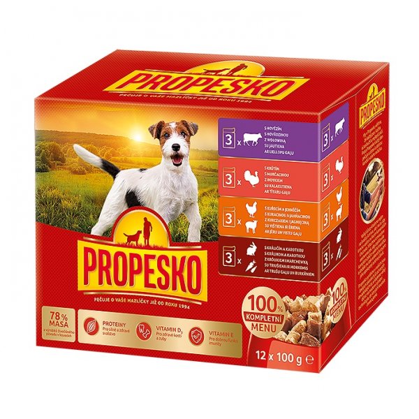 PROPESKO Dog kuřecí/jehněčí, krůta, králík s mrkví, kapsa 100 g (pack 12 ks)