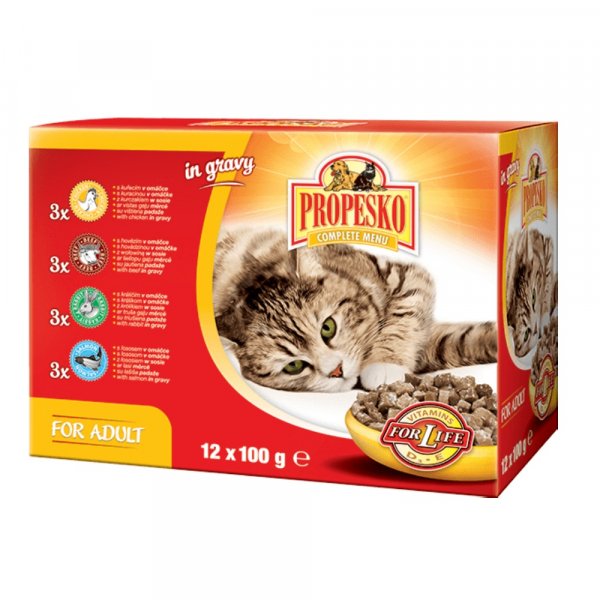 PROPESKO Cat hovězí, kuřecí, králičí a losos, kapsa 100 g (pack 12 ks)