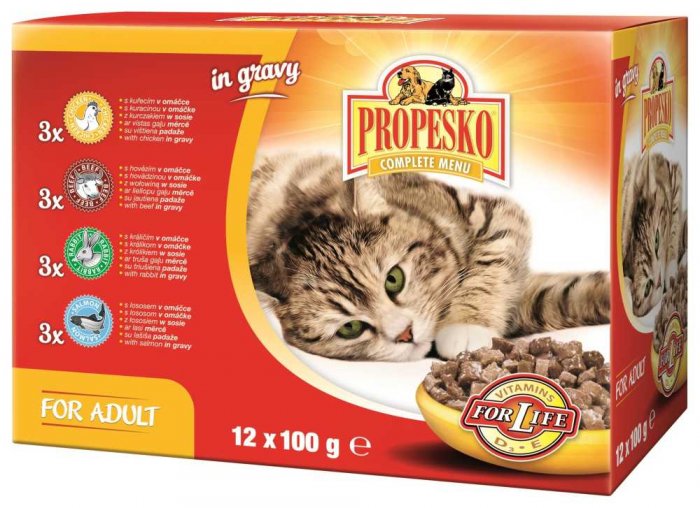 PROPESKO Cat hovězí, kuřecí, jehněčí a zvěřina, kapsa 100 g (pack 12 ks)