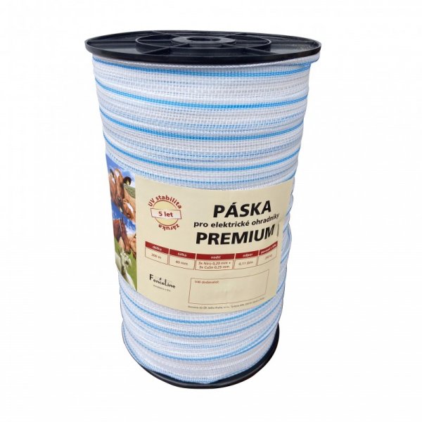 Páska PREMIUM 40 mm pro el. ohradník, 3x0,20 mm Niro + 3x0,25 mm CuSn, 200 m, bílo-modré