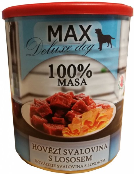 MAX Deluxe Dog kostky libové svaloviny s lososem, konzerva 800 g