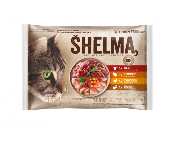 SHELMA Cat kuřecí, hovězí, kachní a krůtí, kapsa 85 g (4 ks)