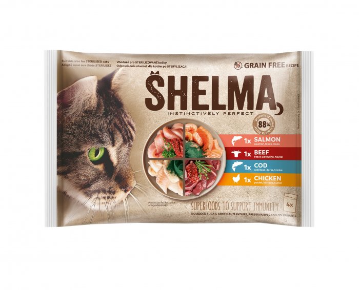 SHELMA Cat kuřecí, hovězí, losos a treska, kapsa 85 g (4 ks)