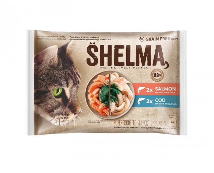 SHELMA Cat losos a treska, kapsa 85 g (4 ks)
