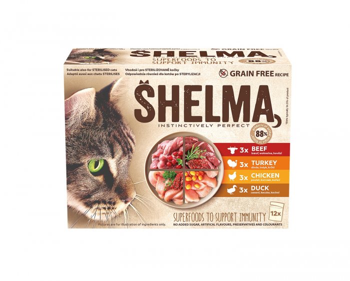 SHELMA Cat kuřecí, hovězí, kachní a krůtí, kapsa 85 g (12 ks)