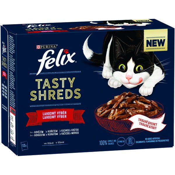 Felix TASTY SHREDS hovězí, kuře, kachna, krůta ve šťávě 12 x 80 g