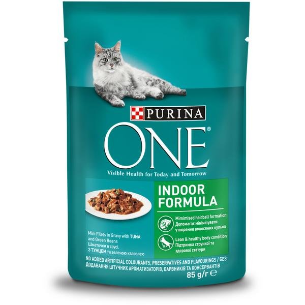 Purina ONE INDOOR mini filetky s tuňákem a zel. fazolkami ve šťávě 85g