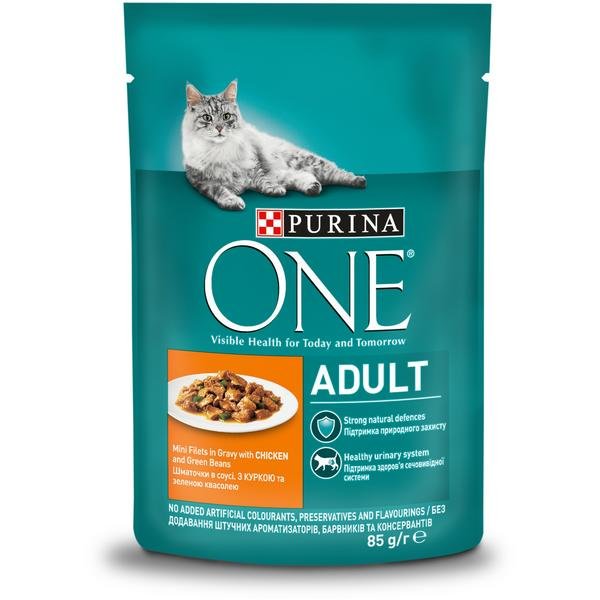 Purina ONE ADULT mini filetky s kuřetem a zel. fazolkami ve šťávě 85g