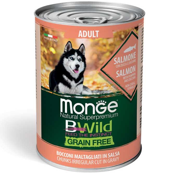 MONGE BWILD GRAIN FREE Adult Lososové kousky v omáčce s dýní a  cuketou 400g