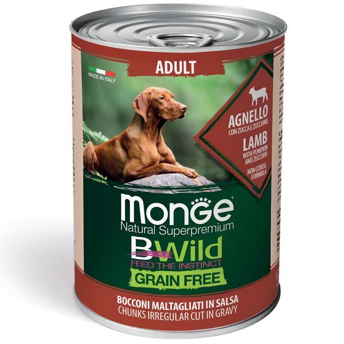 MONGE BWILD GRAIN FREE Adult, Jehněčí kousky v omáčce s dýní a cuketou 400g