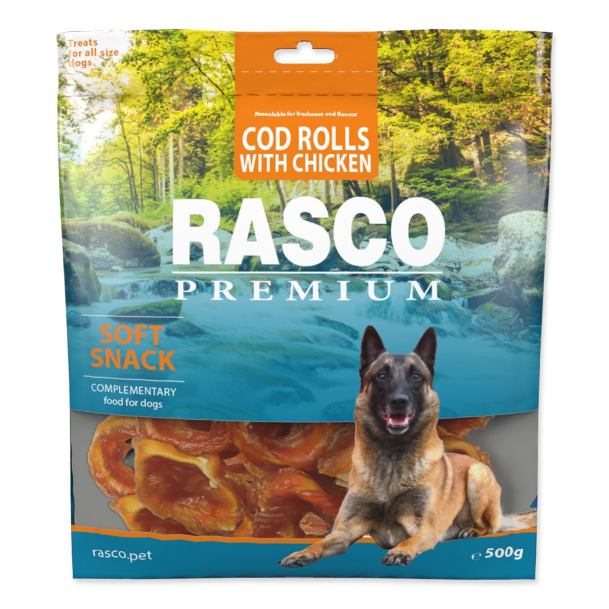 Pochoutka RASCO Premium tresčí rolky obalené kuřecím masem 500g