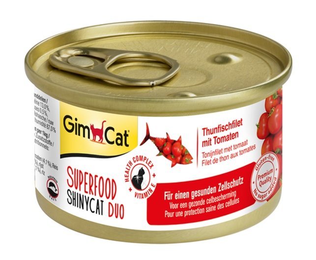 Konzerva Shiny cat duo superfood Tuňák s rajčaty 70g