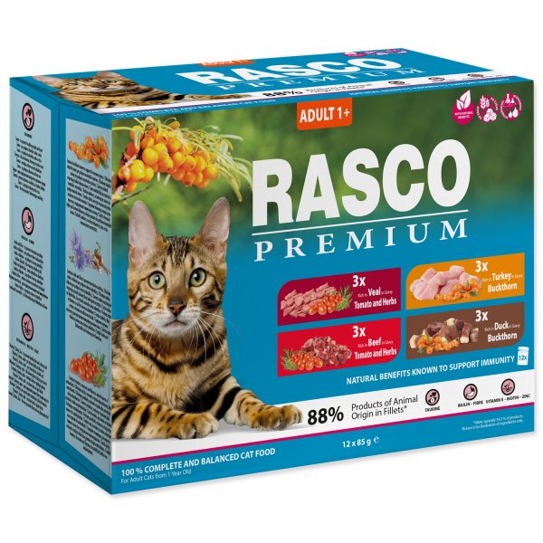 Rasco Premium Cat Pouch Adult, 3x beef ; 3xveal ; 3x turkey, 3x duck 12x85g