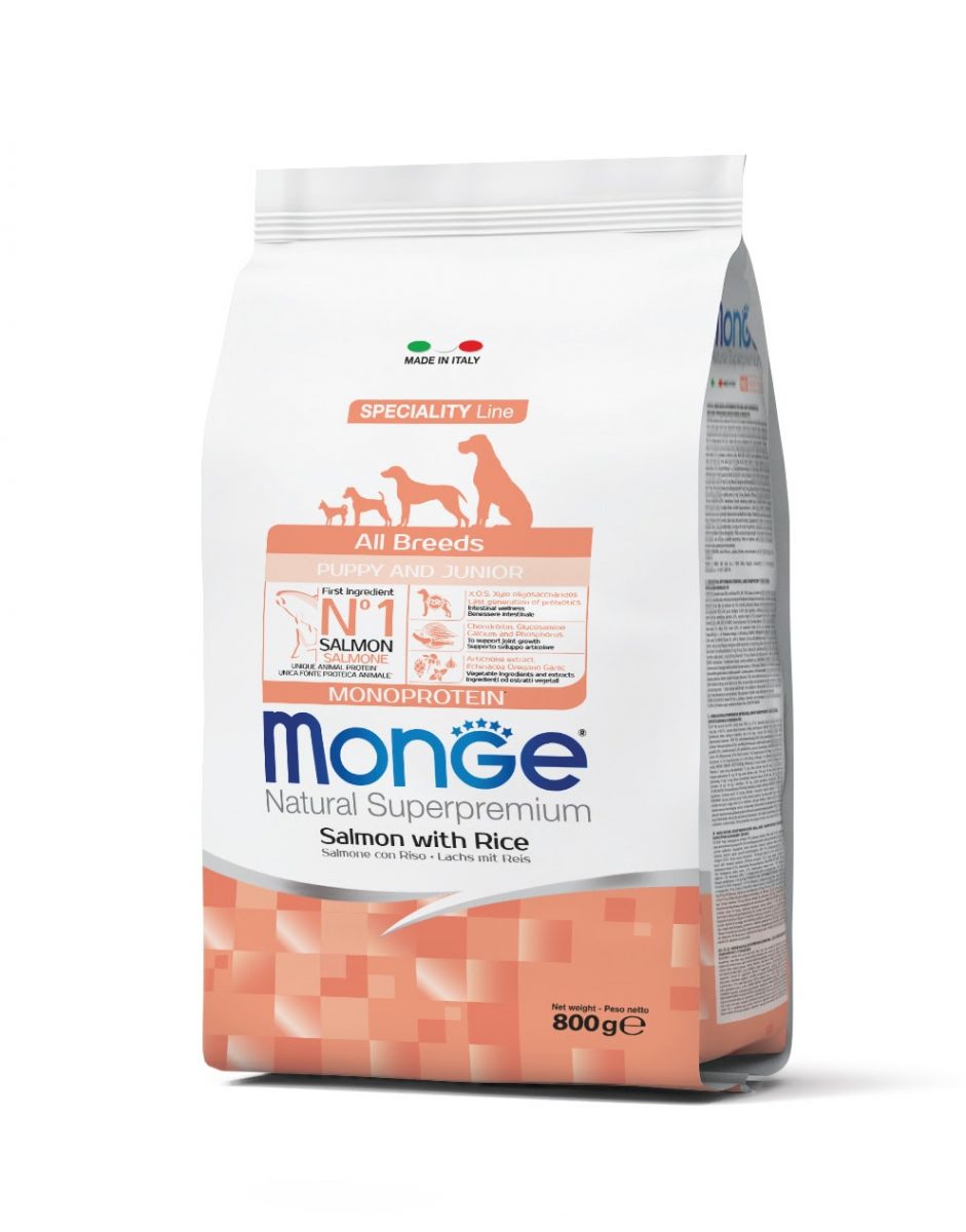 MONGE DOG Puppy & Junior Losos, rýže 800g