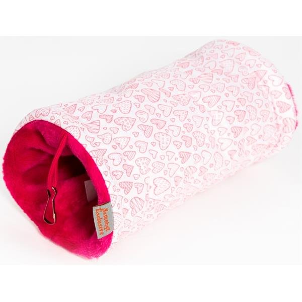 Tunel dr.savec závěsný M, malinová srdíčka na bílé, růžový flís 10x10x25cm