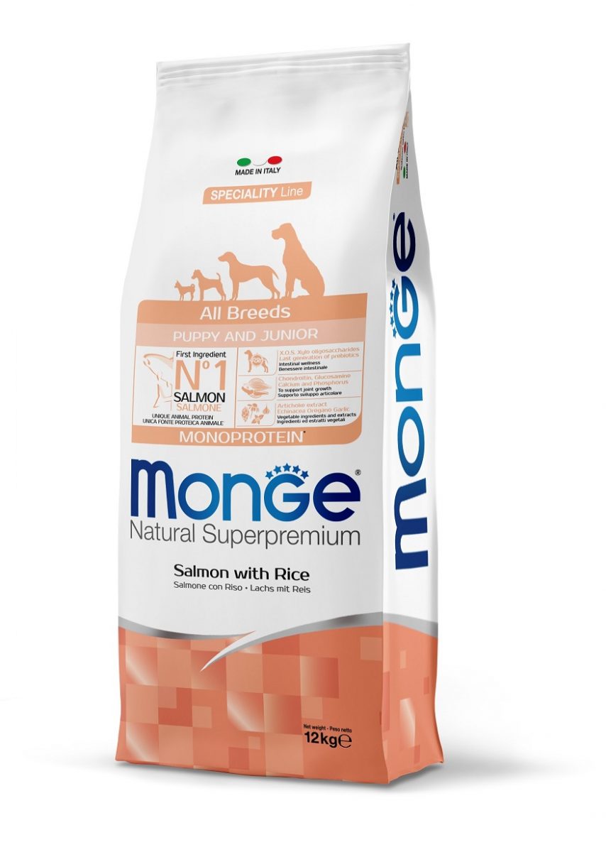 MONGE DOG Puppy & Junior Losos, rýže 12kg