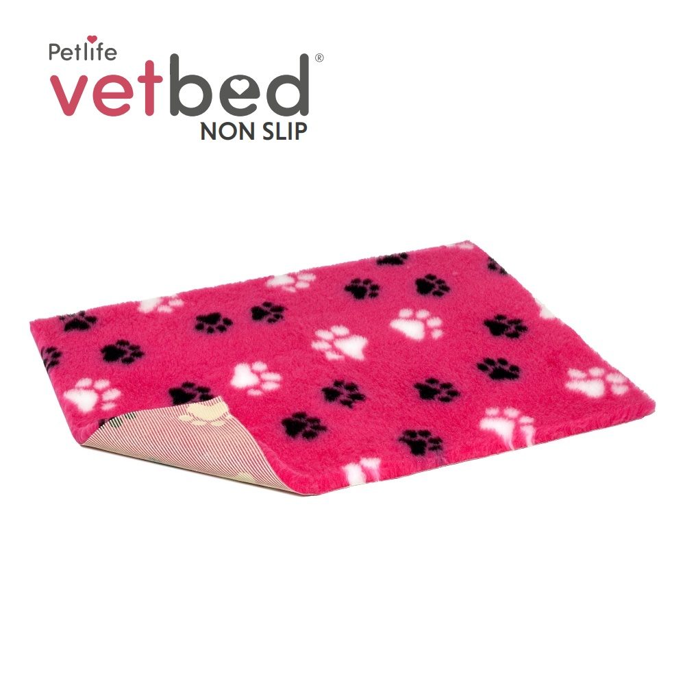 Vetbed protiskluz / Drybed Růžová černé a bílé packy DELUXE 150 x 100 cm