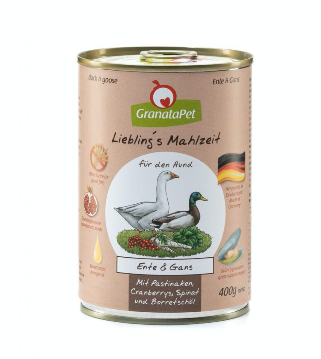 GranataPet Kachna & husa s pastinákem, brusinkami, špenátem a borákovým olejem balení 400 g
