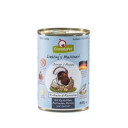 GranataPet Puppy/Junior Krůta & králík s bramborami, pastinákem, mrkví a lososovým olejem balení 400 g