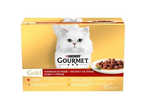 GOURMET Gold Multipack 12x85g hovězí/ krůta s kachnou/losos s kuřetem/kuře s játry ve šťávě