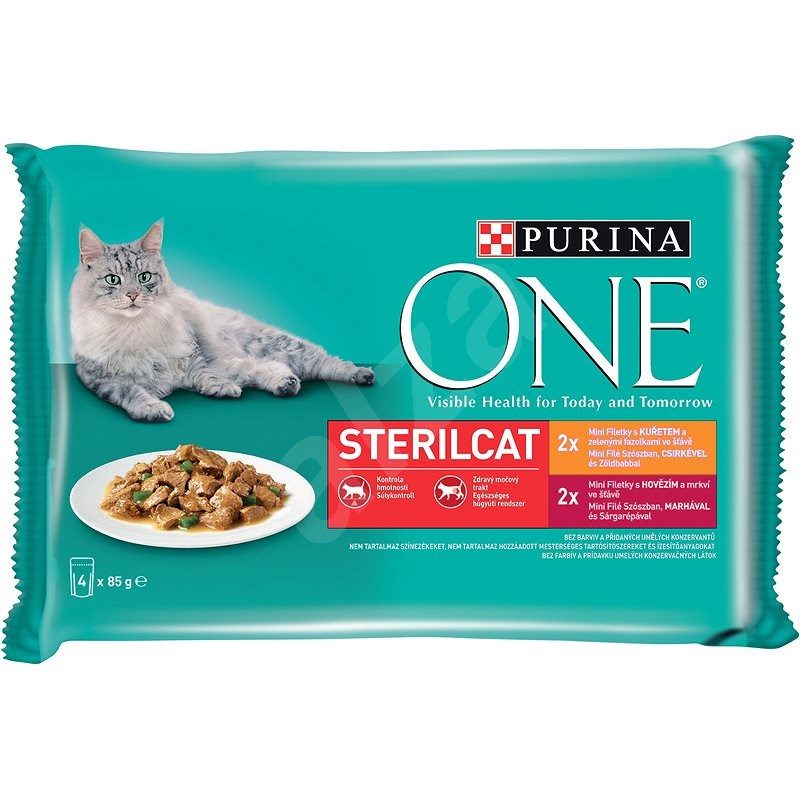 PURINA ONE Multipack 4x85g STERILCAT minifiletky s kuřetem a zelenými fazolkami/s hovězím a mrkví