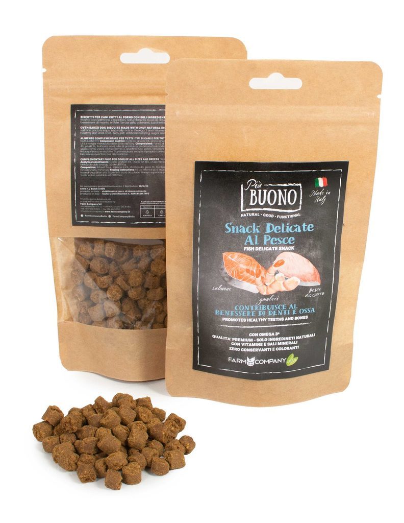 Farm Company PIU BUONO pamlsky pro psy s lososem, rybou a krevetami 80g