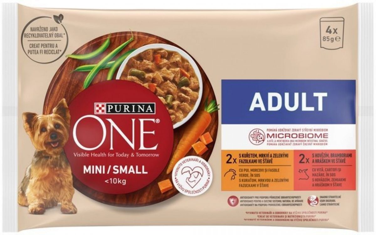 Purina One Mini Dog Adult kuře a hovězí ve šťávě 4 x 85 g