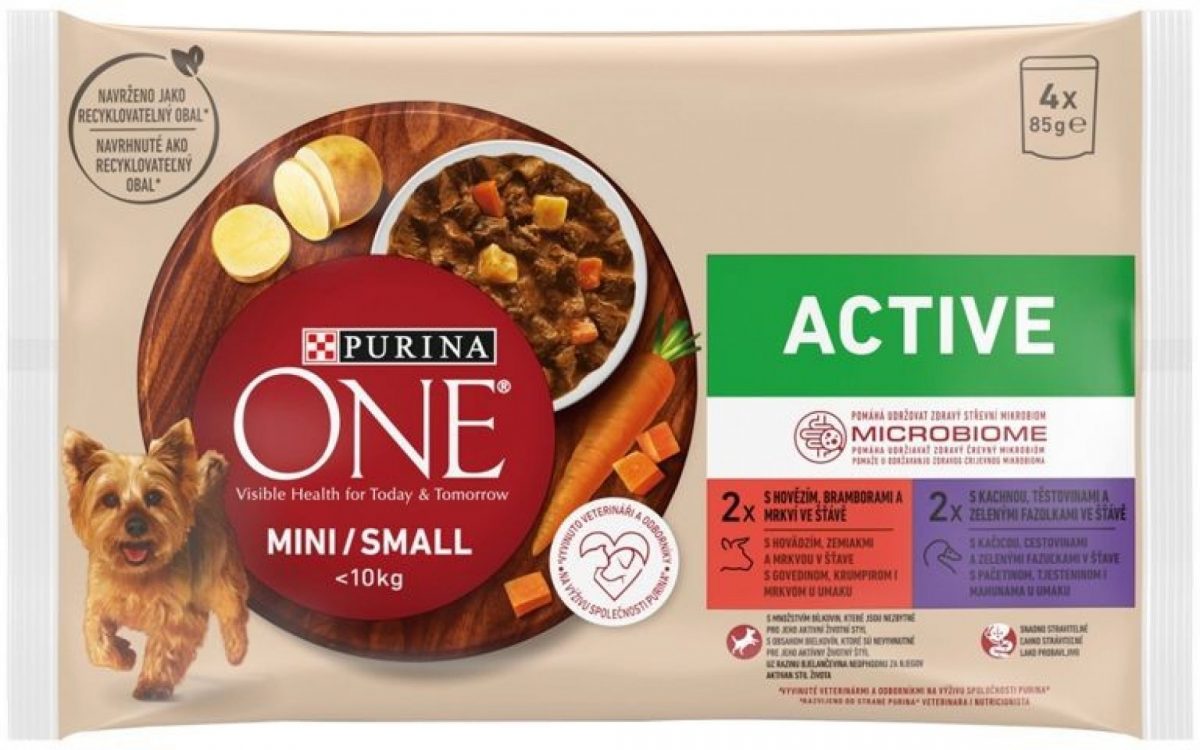 Purina ONE Mini Dog Active hovězí a kachna ve šťávě 4 x 85 g