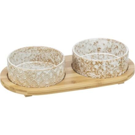 Set misek v bambusovém stojanu, bílá/světlehnědá 2 × 0,3 l/ ø 12 cm/ 30 x 6 x 15 cm