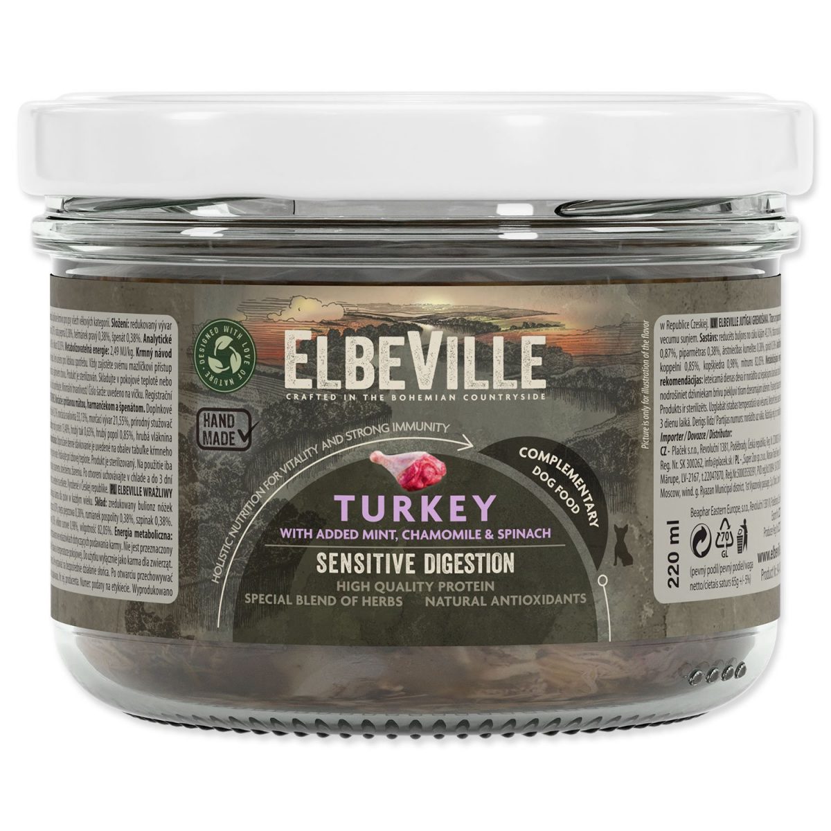 Sklenice Elbeville Dog Sensitive Digestion, krůtí s přidanou mátou, 220ml