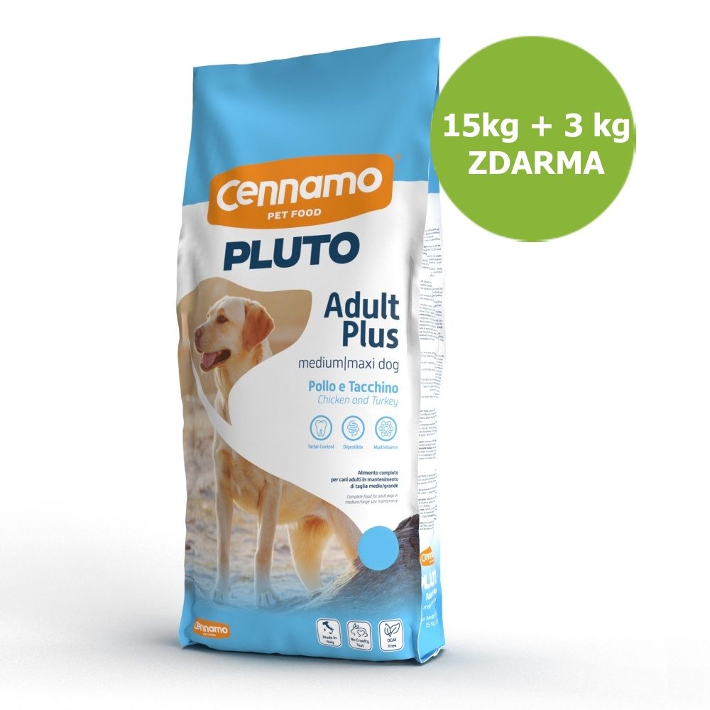 PLUTO Dog Adult Plus Medium/Maxi 15 kg + 3 kg ZDARMA