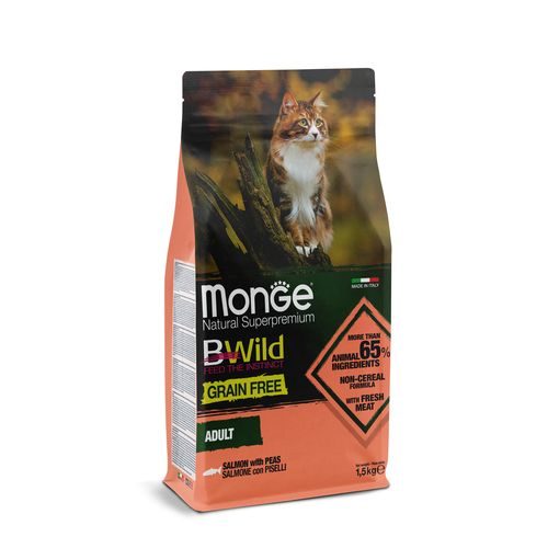 MONGE BWild Cat Grain Free Adult 1,5kg bezobilninové kompletní krmivo pro dospělé kočky s lososom a hráškom